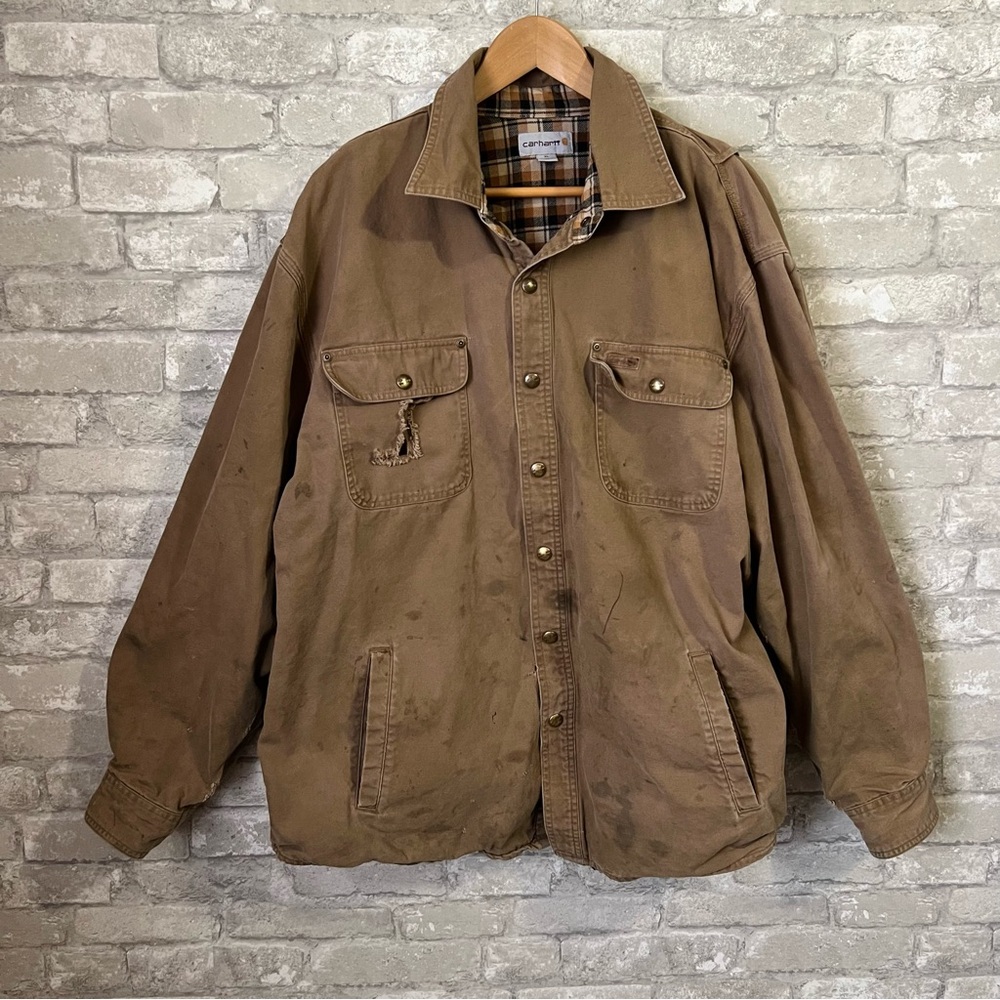 Vintage Carhartt Men's XL Brown Duck Canvas Shirt Jacket Flannel Lined Snap